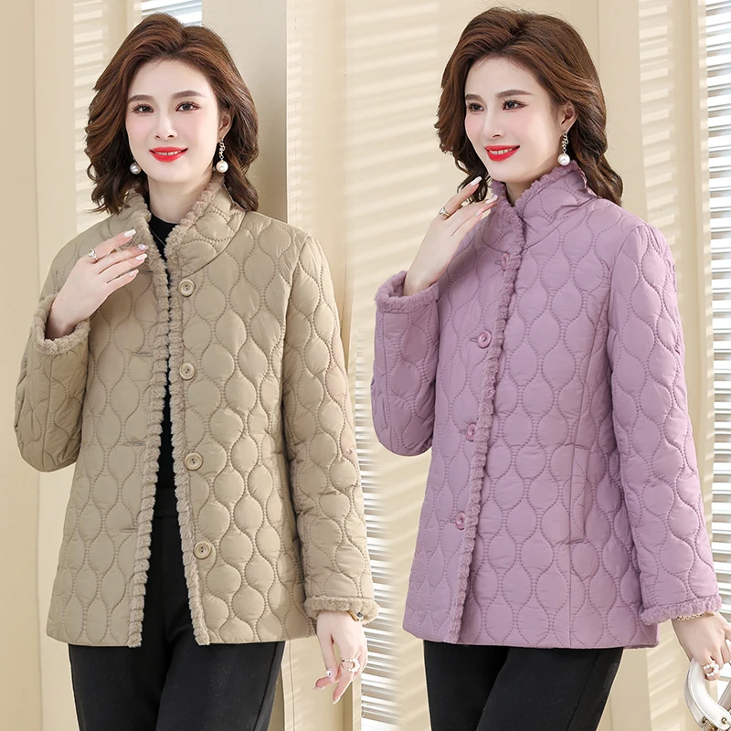 New Down cotton Padded Coat lapel Quilted Jacket Middle-aged Women\'s Coats Autumn Winter Plus Velvet Thick Warm Mother Outwear