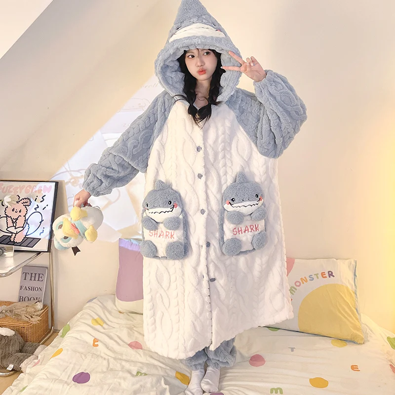 Inverno Spessore Vestaglie Camicia da notte da donna Pigiama Set 2 pezzi Set con cappuccio Morbido caldo Cartoon Shark Sleepwear Fidanzata Regalo Pigiama