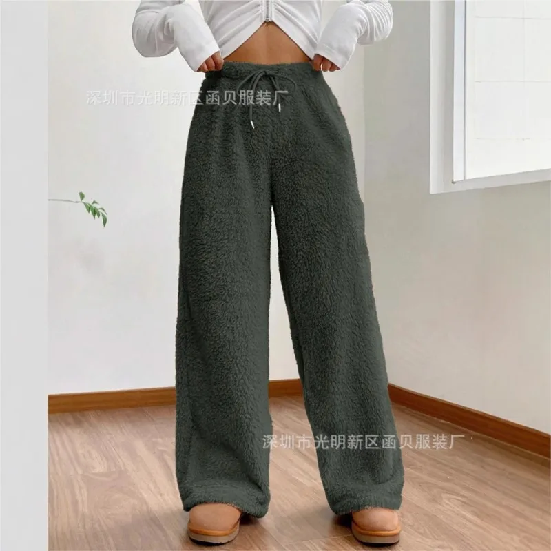 여성용 다용도 따뜻한 홈 팬츠 가을 겨울 플러시 드로스트링 와이드 레그 루즈 솔리드 컬러 바지