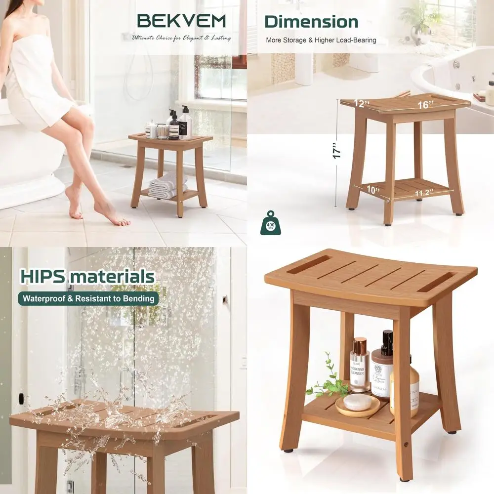 

Durable Teak Shower Bench with Storage and Adjustable Height, Ideal for Indoor and Outdoor Use