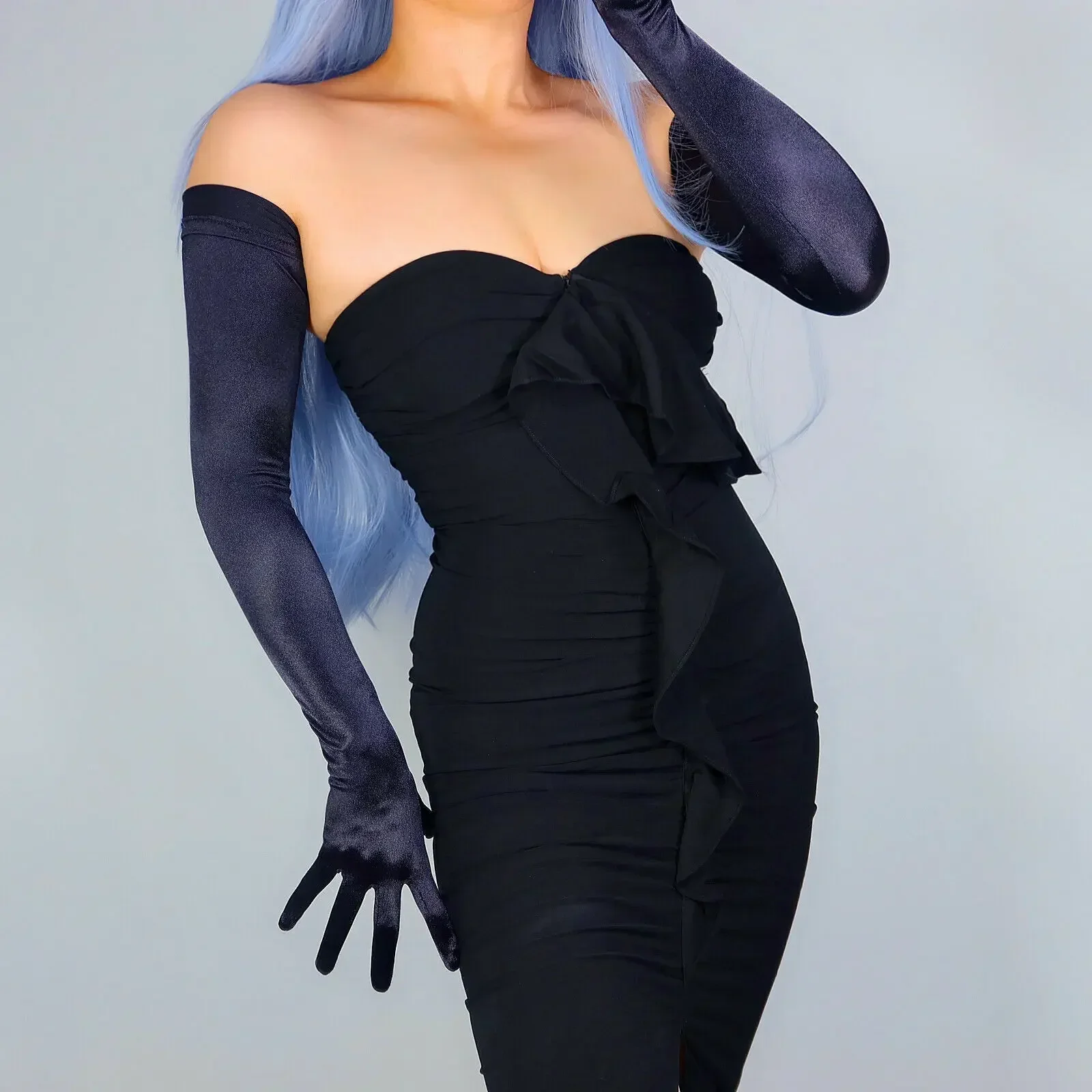 Black Long Wedding GLOVES SATIN Stretch Solid Silk Like 70cm Fashion 1920s Cosplay Costume Halloween Evening Dress Opera Glove