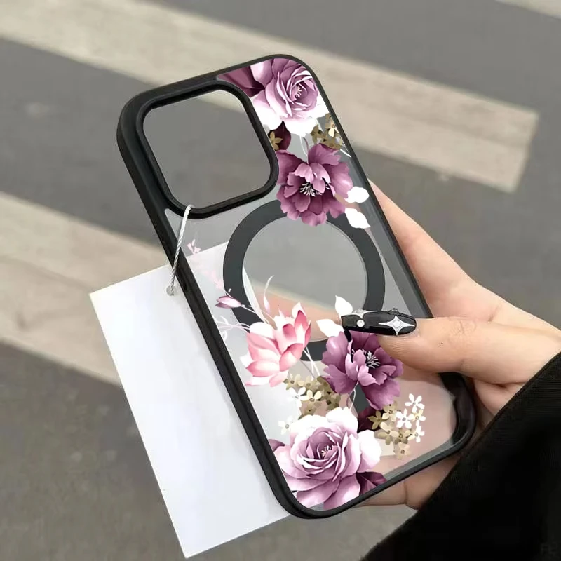 Coque de téléphone magnétique à imprimé floral rose lavande pour iPhone 17 16 15 14 13 12 Pro Max Mini X XS XR 14 Plus 16E 17Air