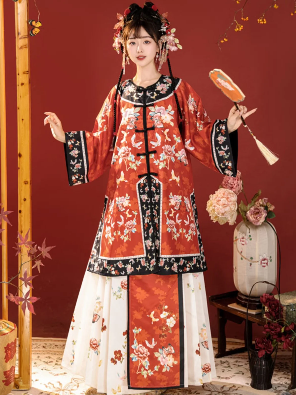 

Chinese folkHanfu women's front-opening round collar non-Hanfu retro style ethnic costume Qing Dynasty court dress set