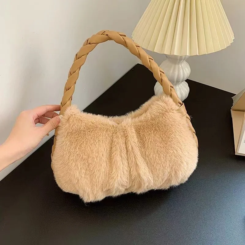 Soft Plush Handbags For Women Braided Top-handle Pleated Design Shoulder Bags 2025 New Luxury Designer Purses And Handbags