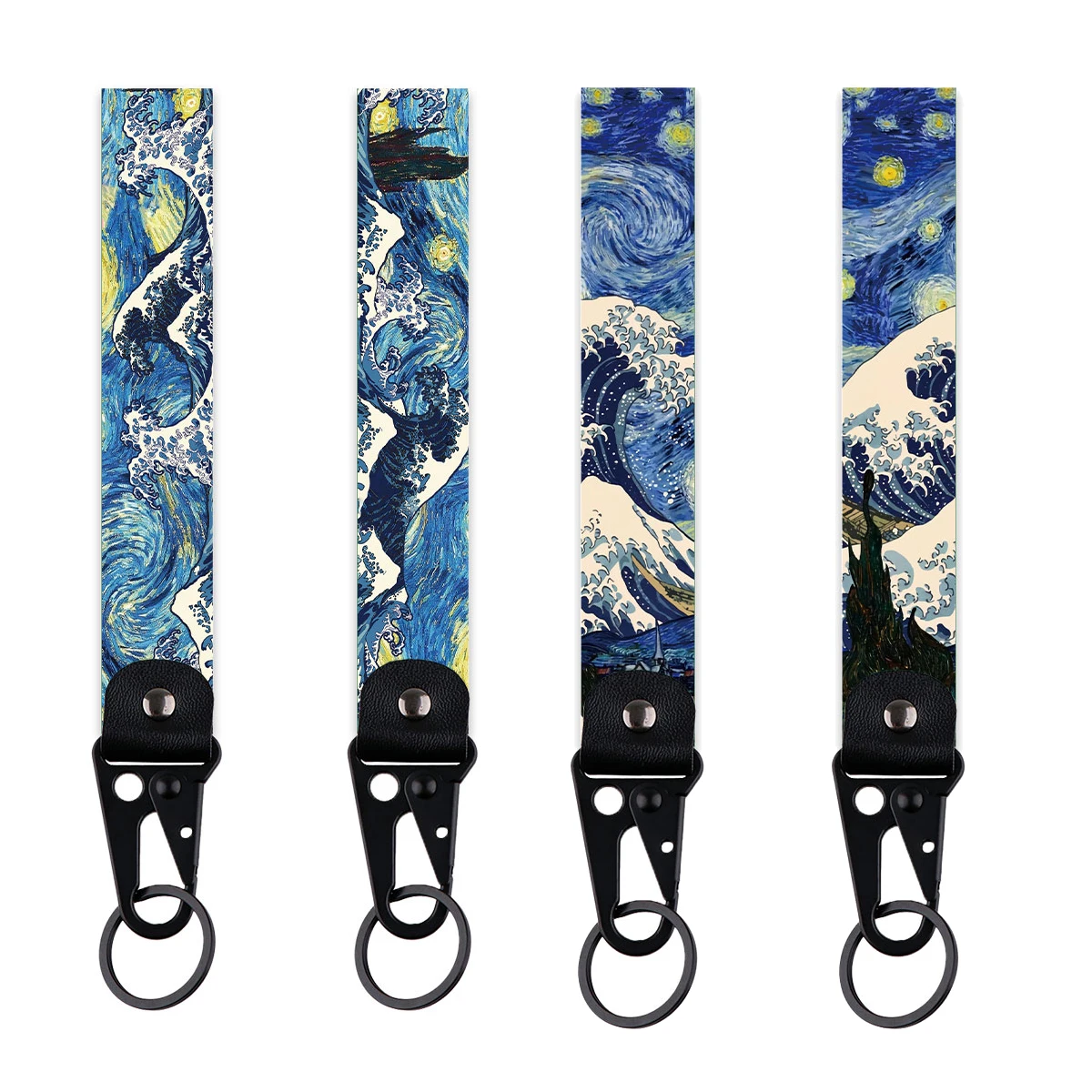 Van Gogh Schlüsselanhänger für Damen und Herren, Sternenhimmel, kurze Handgelenkschlaufen, japanische Wellen, Auto-Schlüsselanhänger, Urlaubsgeschenke – Detail 2