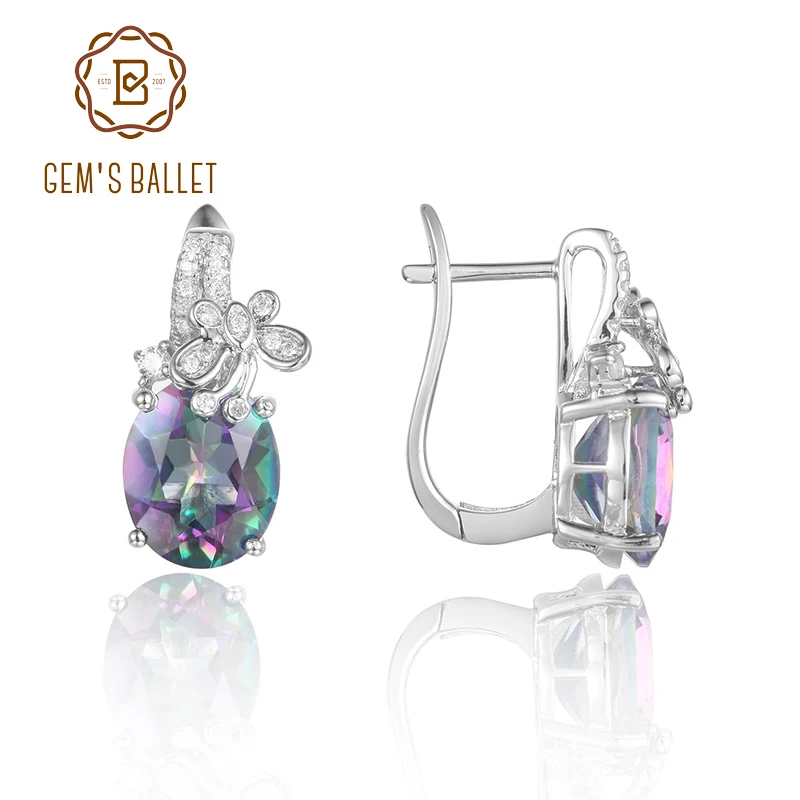 GEM'S BALLET 6.6Ct 9x11mm Oval Rainbow Mystic Topaz Classic Gemstone Clip On Earrings in 925 Sterling Silver With Laurel Leaves