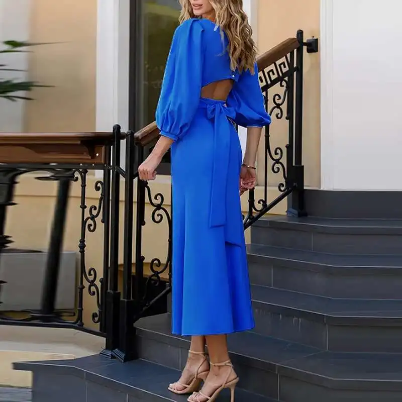 Female Elegant High Waist Solid Color Long New Bow Tie Up Slim Fit A-Line Casual O Neck Button Backless Party Dress