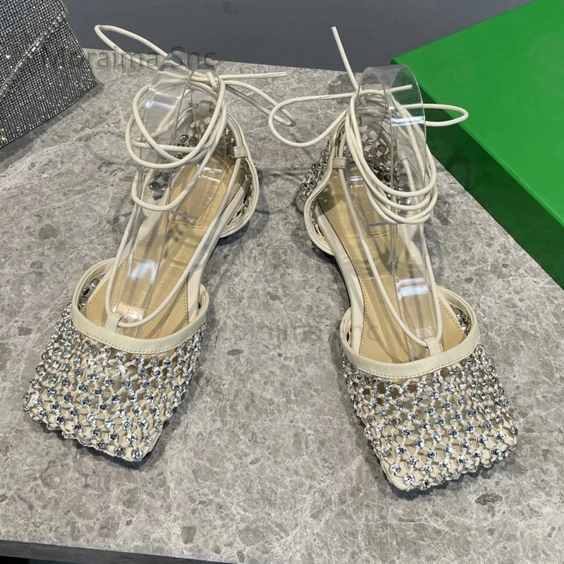 Rhinestone Mesh Hollow Strappy Sandals for Women Square Toe Flats Wedding Summer Fashion Runway Party Sandal Women\'s Shoes