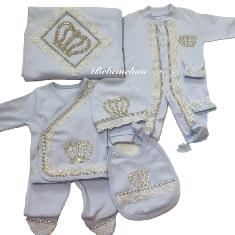 10 Pieces 100% Cotton Knitted Fabric Long Sleeve Bubble Custom High Quality Jewel Crown New Design New Born Baby Set