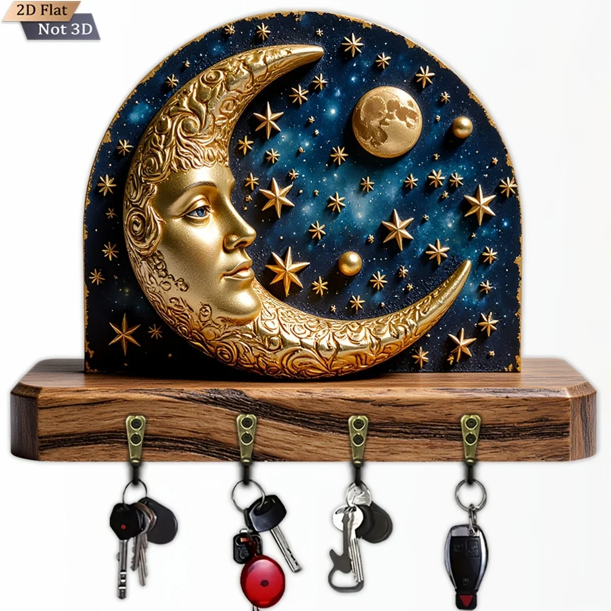 2D Flat, 1pc, Golden Star Moon Art Key Hook Wooden Multifunctional Home Key Rack with Four Metal Hooks, Wall Decoration, Porch