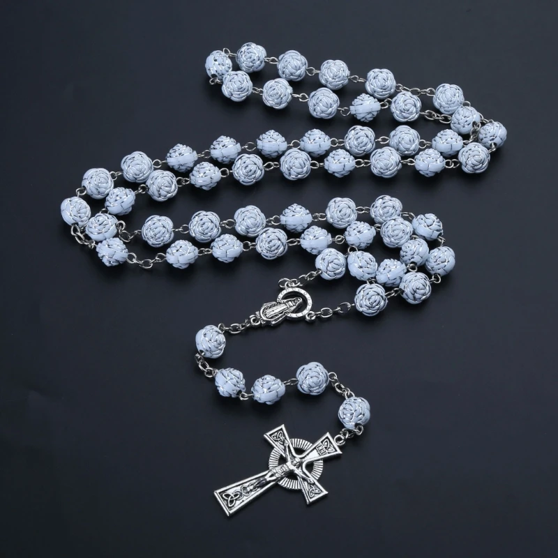 Rose Bead Rosary Necklaces Holy Catholic Jewelry Charm Crafts for Christian Church Home Bedroom Decoratio