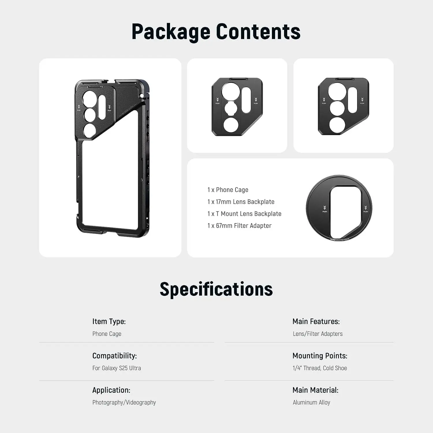 NEEWER Handy-Käfighülle für Samsung Galaxy S25 Ultra, Video-Rig-Handystabilisator mit 67-mm-Filteradapter, 17-mm-Objektivrückplatte – Detail 8