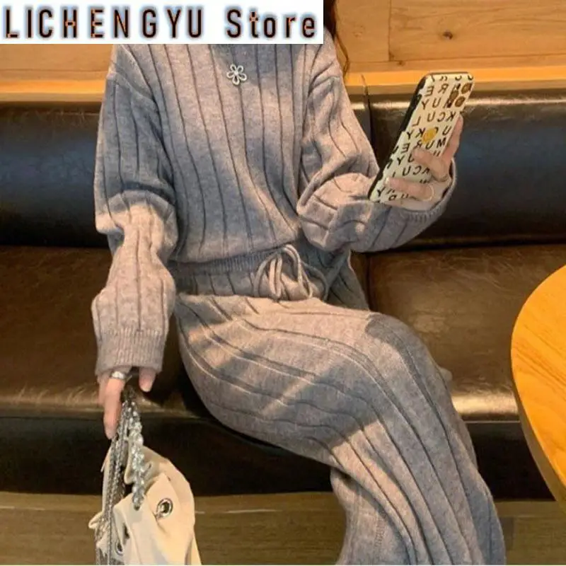 

New Wool Korean Drama Gentle Temperament Lazy Striped Casual Simple Set Women's Straight-Leg Pants Two-Piece Set