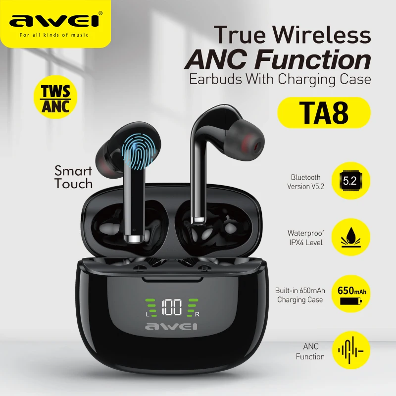 Awei 650mAh ANC auricolari Bluetooth Wireless con microfono cuffie con cancellazione del rumore auricolari in-ear TWS cuffie sportive con suono HiFi