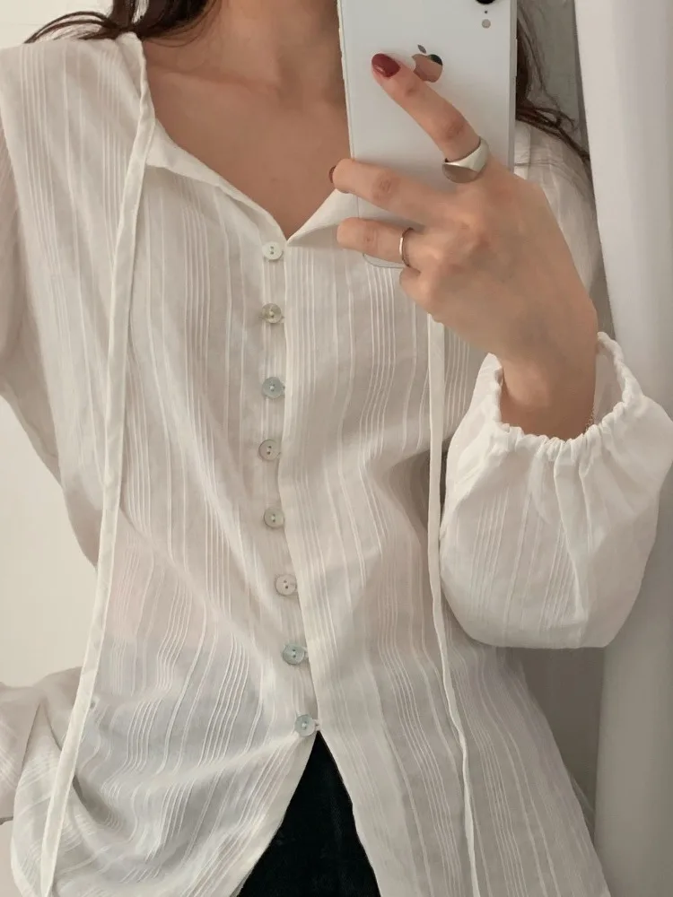 Chic Long Sve Sun Protection irt ell Button Design Beautiful Knot Detailing Spring Autumn Faion Commute Sle Women'...