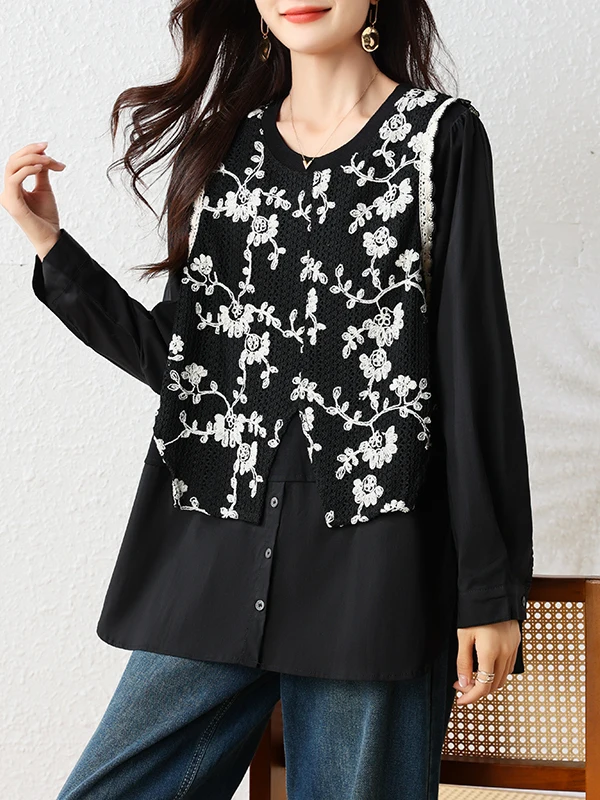 

Ele Lace Splice Embroidered irt размера плюс, женские свободные длинные све, круглый топ Ne Top для поездок на работу, художественный осенний новый Ar...