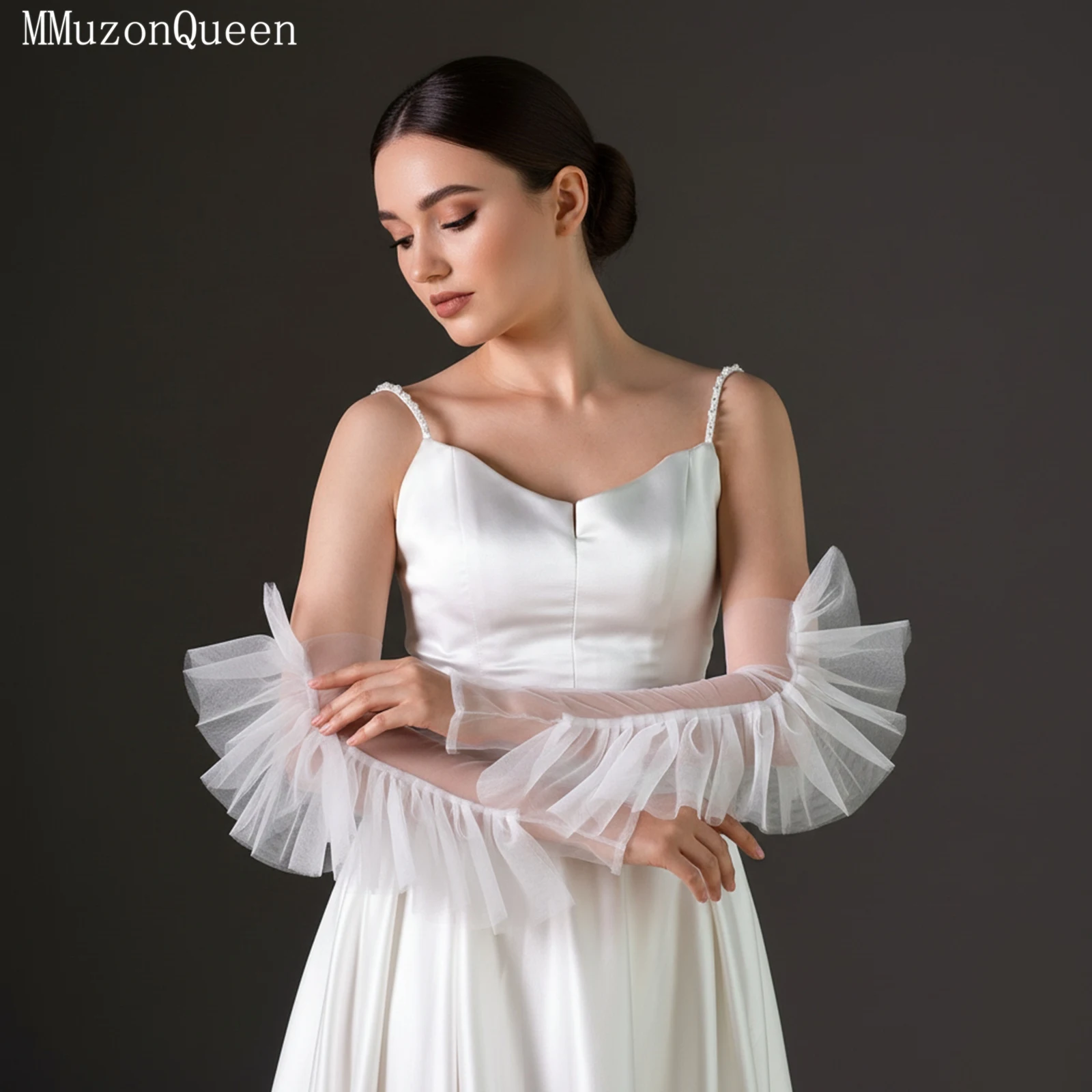 

TOPQUEEN плиссированные кружевные свадебные перчатки со съемными рукавами, элегантные свадебные перчатки, женское вечернее платье, свадебные аксессуары для рук Vm134