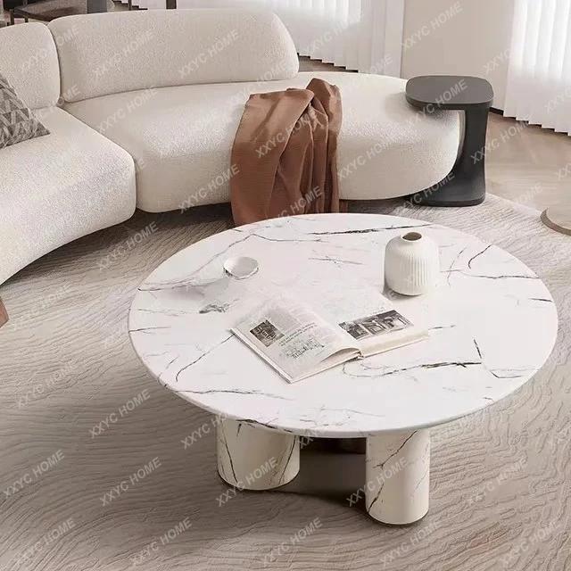 Snow Mountain White Marble Round Coffee Table  Stainless Steel Marble Coffee Table