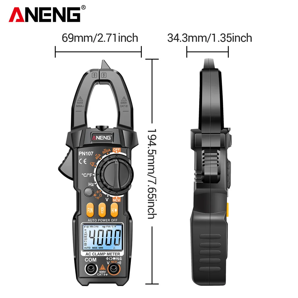 ANENG PN107 Digital Clamp Meter 600A AC Current Tester Voltmeter Ammeter NCV Diode with Temperature Frequency Professional Tool