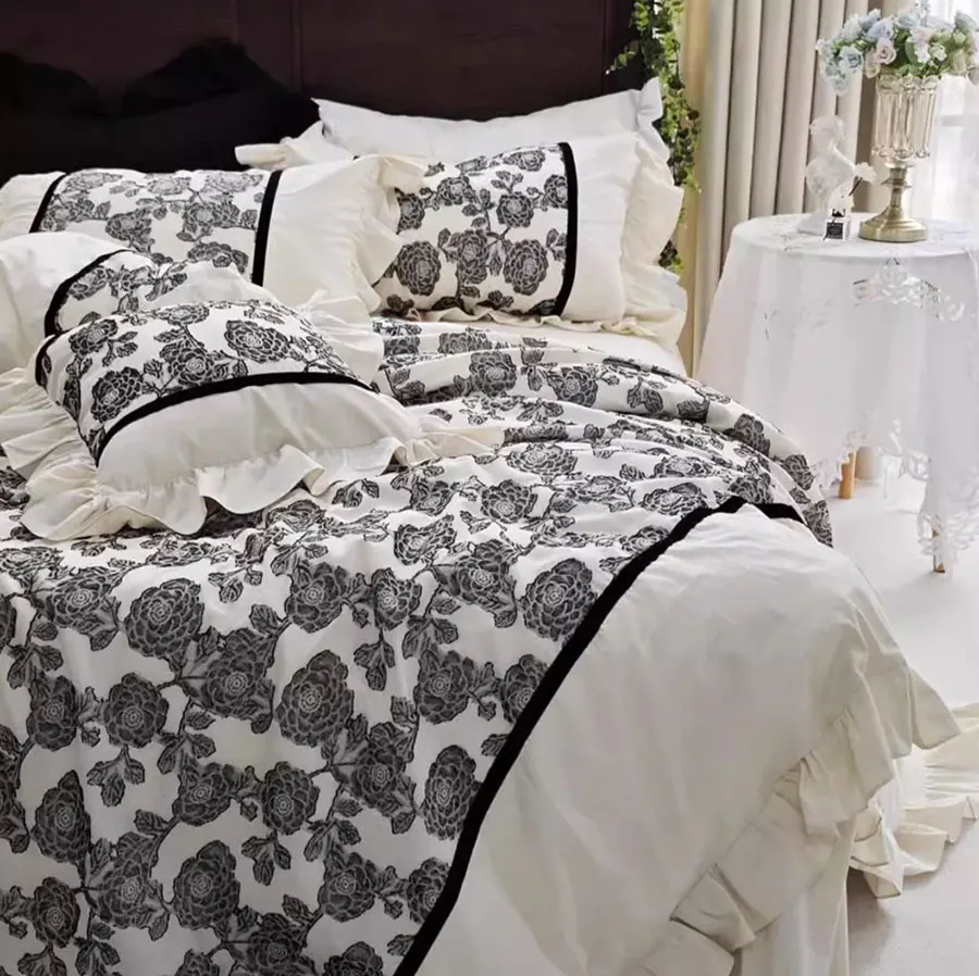 French romantic sweet floral rose brown bed set,full queen king vintage ruffled home textile bedspread pillow case duvet cover