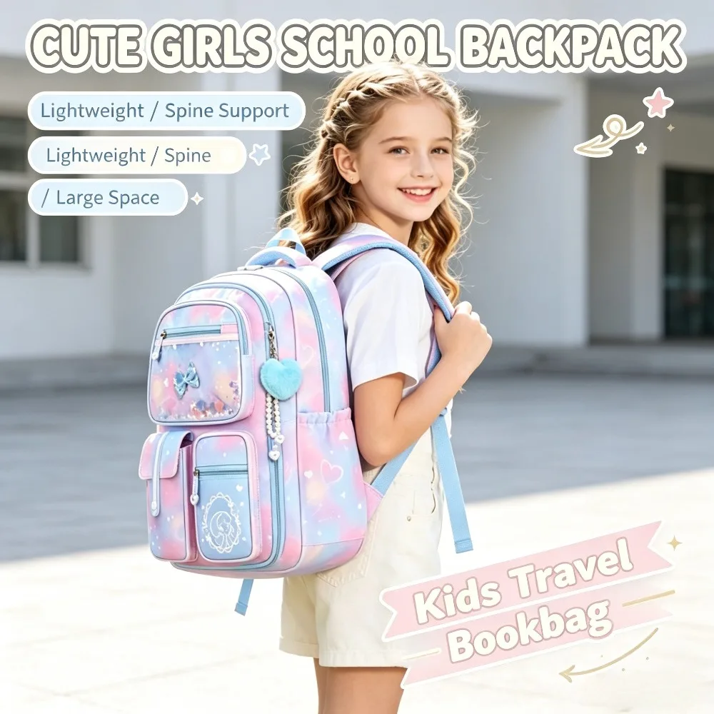 Girls Princess 3-Piece Backpack Set 2026 Quicksand Backpack with Butterfly Decor Waterproof Bookbag with Lunch Bag & Pencil Case