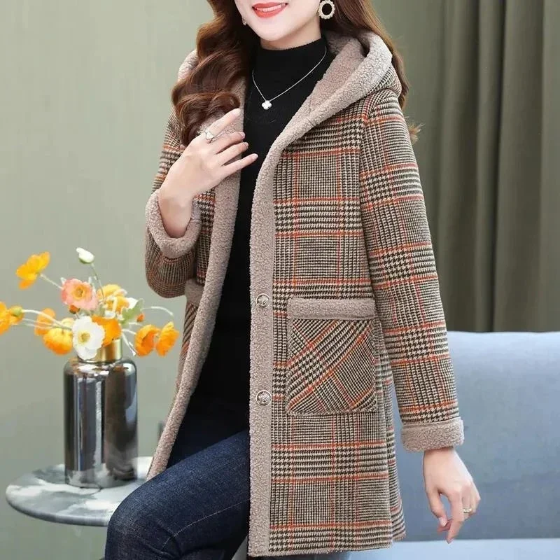 New Women Winter Jacket Fashion Plaid Long Coats Hooded Parka Overcoat Warm Woolen Blended Jacket Lady Outerwear Female Tops 5XL