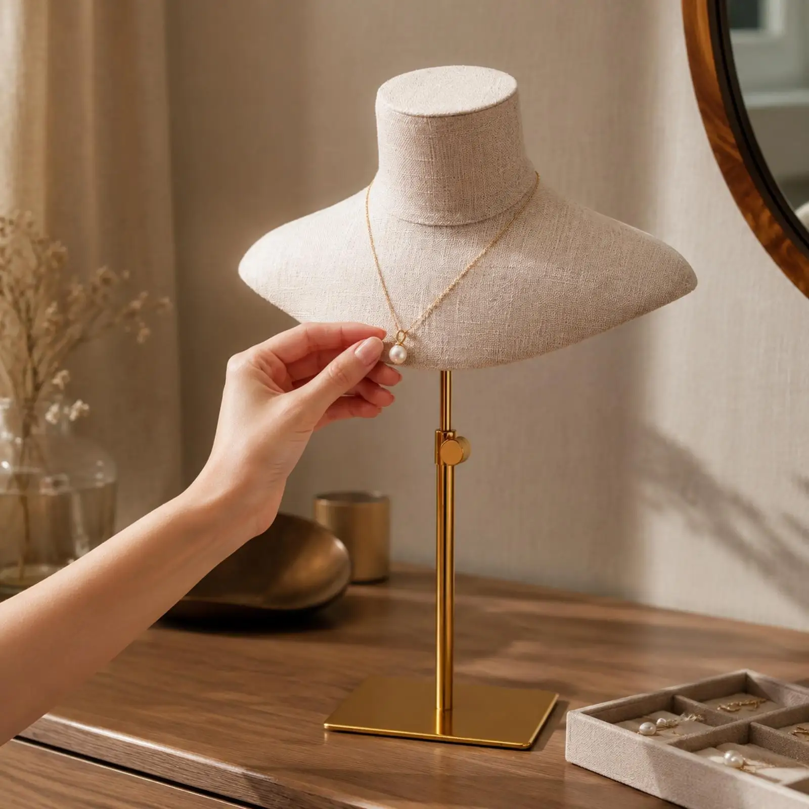 Adjustable Bust Necklace Stand for Jewelry Display Showcase with Square Metal Base and Knob