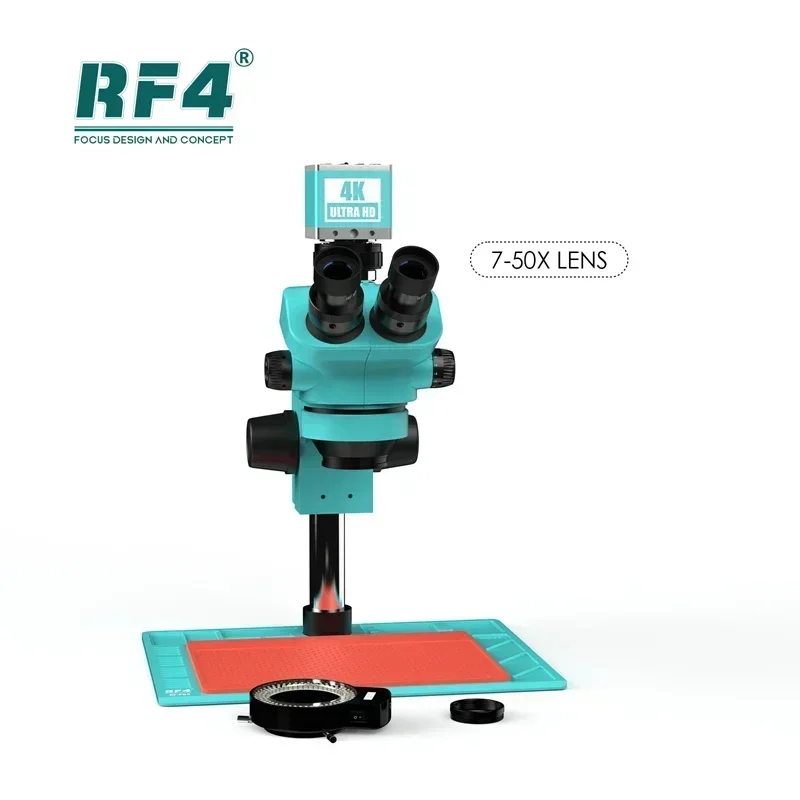 NEW RF4 RF7050-PO4-4K Industrial Microscope 7-50X Continuous Focus Magnification with PO-4 Aluminum Alloy Base and 4K Camera