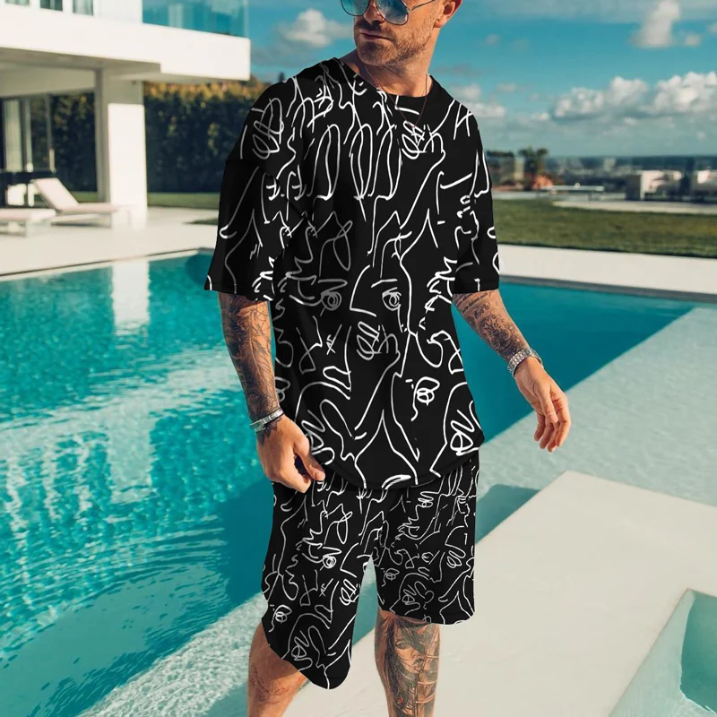 

Summer hot-selling fashion trend casual 3D printing men's suit breathable quick-drying comfortable men's crew neck T-shirt set