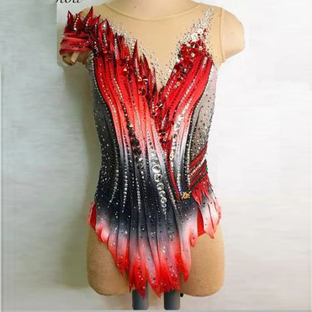 Rhythmic Gymnastics Leotards Red Gradient Striped Diamond Sleeveless Girls Competition Performance