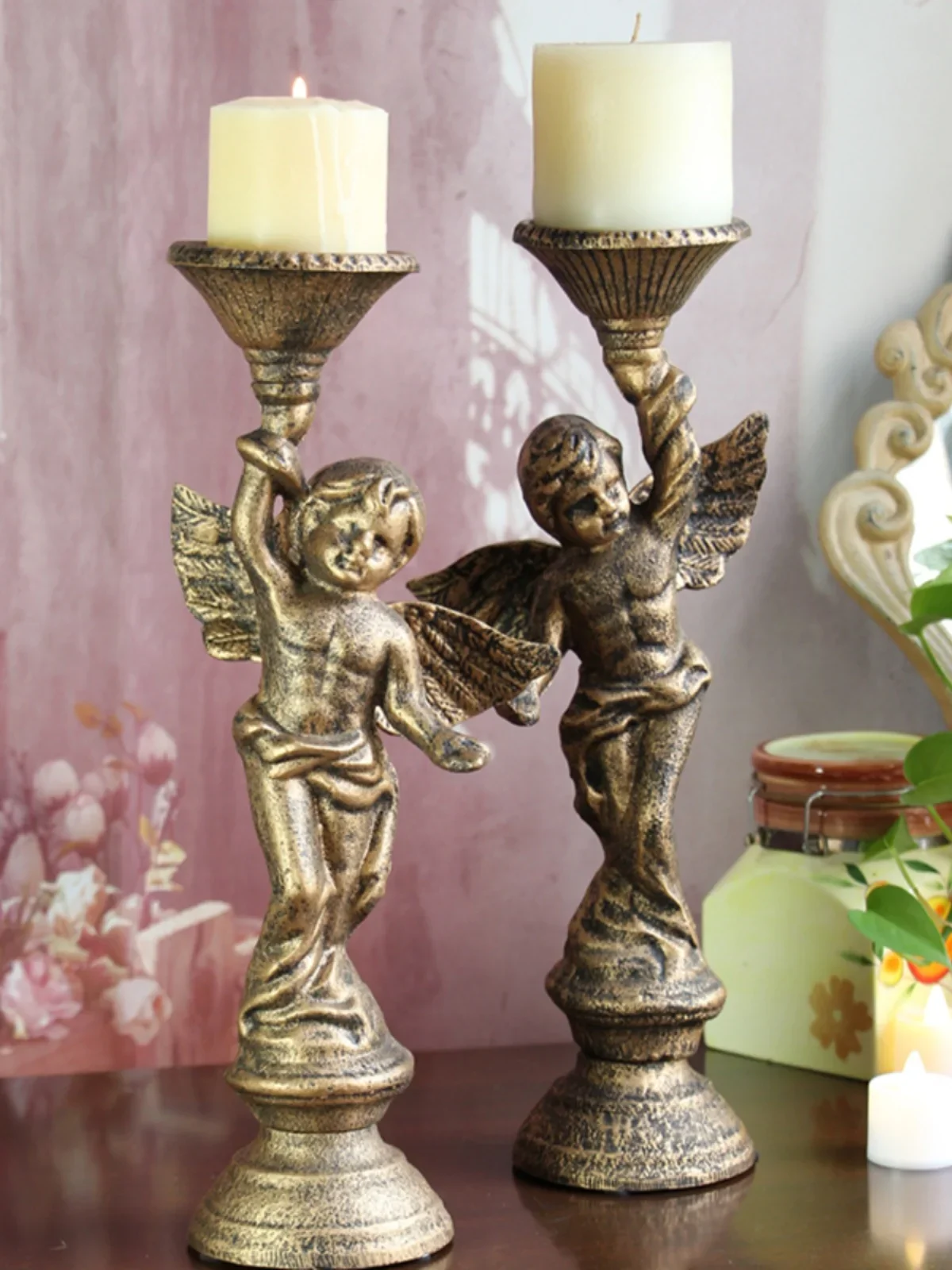Antique Gold Fairy Cast Iron Candle Holders Pair For Home Tabletop Decoration Heavy Duty Handmade Metal Centerpieces