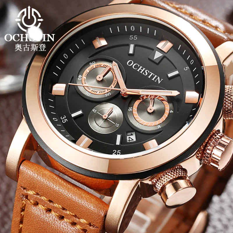 OCHSTIN ساعات حركة كوارتز للرجال ساعة يد بحزام جلدي مقاومة للماء رائجة البيع سلسلة الملاح ساعة التقويم للذكور #2