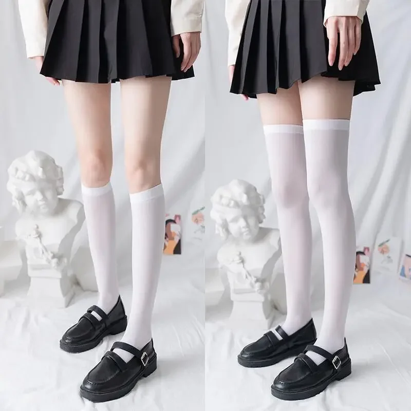 Meias finas de veludo feminino, monocromáticas acima do joelho, uniforme Jk pré-moldado japonês, meias de tubo médio, preto e branco, verão