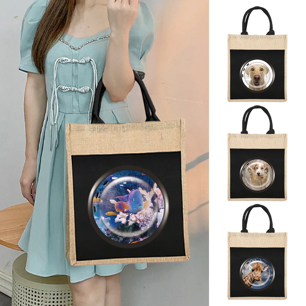 

Tote Bag Environmental Jute Shopping Bag Portable Large Capacity Beach Bag Lightweight Grocery Storage Bags Window Series