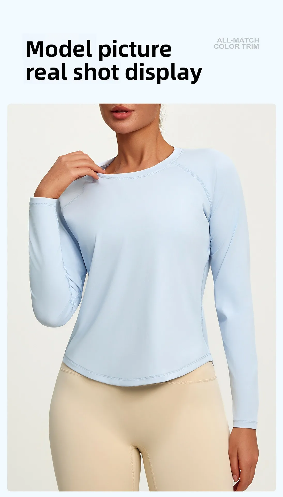 2026 Frühling Sommer Neue Damen Yoga-Top Locker Sitzendes Atmungsaktives Sport-Langarmshirt Einfarbiges Basic-Oberteil Reitbekleidung – Detail 14