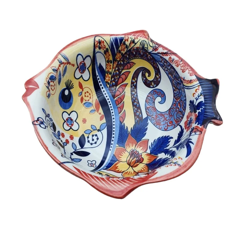 Bohemian 7.5-inch Fish Shaped Ceramic Bowl, Creatively Painted Salad Bowl, Instant Noodle Bowl, Household Soup Bowl