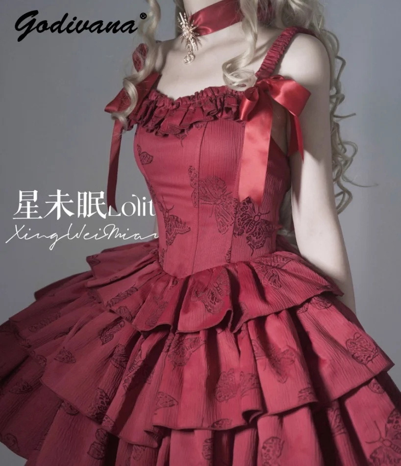 Original Gothic Halloween Red Dress Subculture Sweet Girls Ballet Fishbone Birthday Party Lolita Puffy Dresses Women Christmas