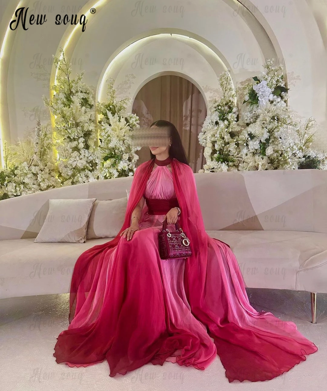 Vestidos De Fiesta De chifón para boda, traje Formal De manga larga con capa De Hada, color rosa y rojo, estilo árabe, 2024