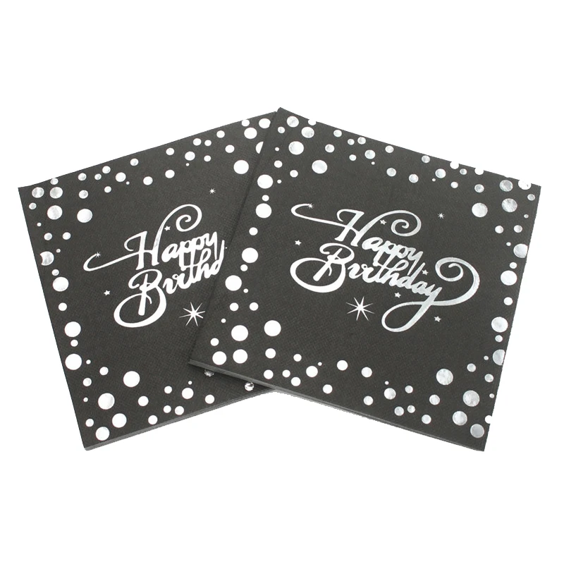 

20Pcs Black Silver Hot Stamping Happy Birthday Napkins for Men and Women Happy Birthday Anniversary Party Table Decorations