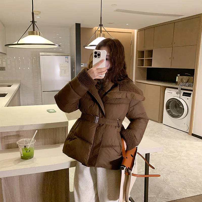 PinkyIsBlack Fake Two-piece Down Cotton Jacket Women's Winter Stitching Cotton Padded Jacket Coat Short Turn Down Collar Outwear