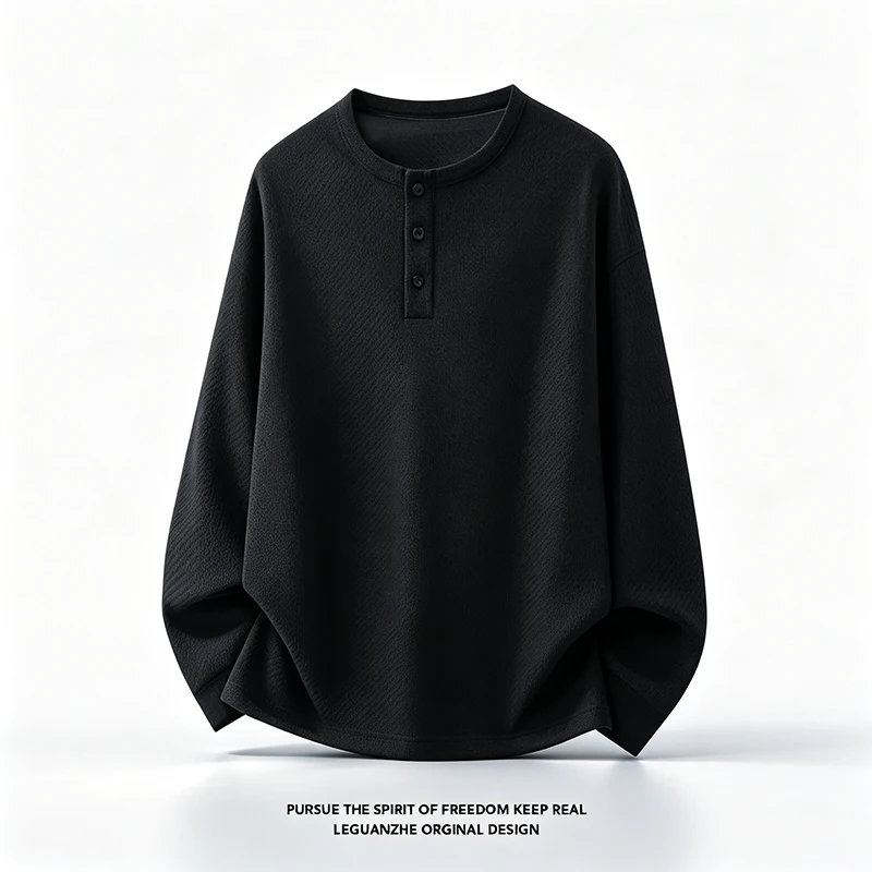 Herren-Langarmshirt mit Henley-Ausschnitt, Herbst-Übergrößen-Modell, lockere Passform, Strickoberteil, schlichtes Knopfleisten-Design, bequemes, lässiges Hemd für den Alltag – Detail 6