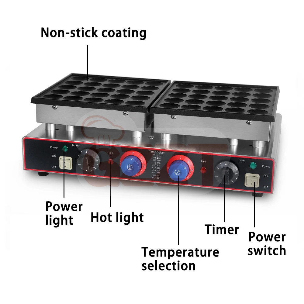 ITOP 50 otworów Gofrownica ze stali nierdzewnej 1600 W Regulowana temperatura 50-300 ° C 0-5min Timer Maszyna do przekąsek z powłoką