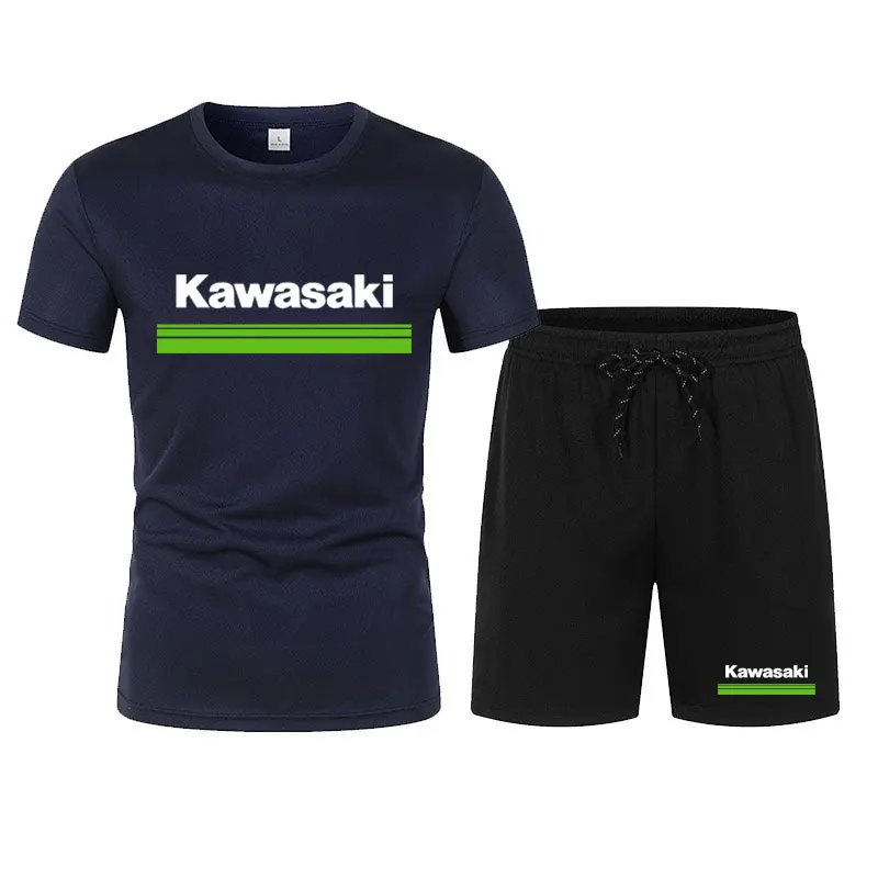 Kawasaki Motorcycle Racing Team Men T-shirt Shorts Set Summer New Fashion Male Tops Bottoms Sets Sport Men\'s Clothes Suits