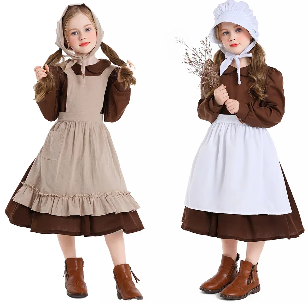 Pilgrim Girl Village Farm Pioneer Prairie Maid Costume Victorian Poor Cosplay Costume  Colonial Orphan Outfits