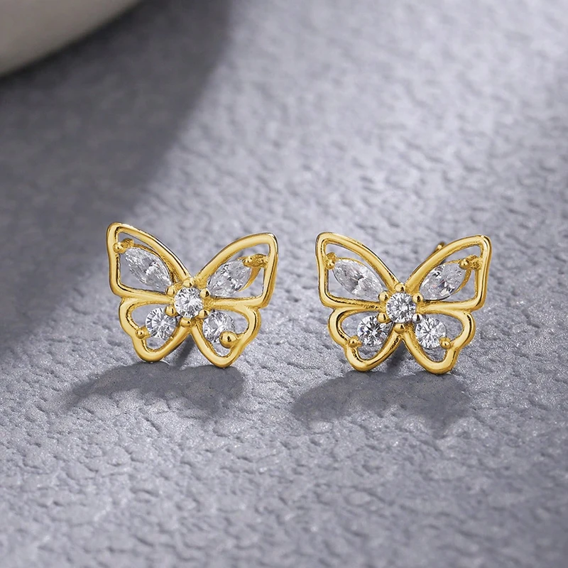 GRA 18K Gold Small Cute Butterfly Stud Earrings for Women Gift Real 925 Sterling Silver Original High Quality Party Fine Jewelry