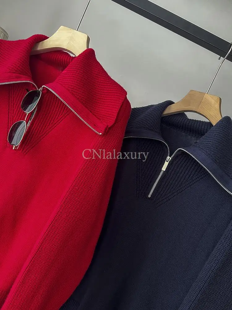 CNlalaxury 2023 Female Autumn Winter Solid Color Polo Collar Zipper Loose Chic Sweater Jumper Pull Femme Long Sleeved Versatile