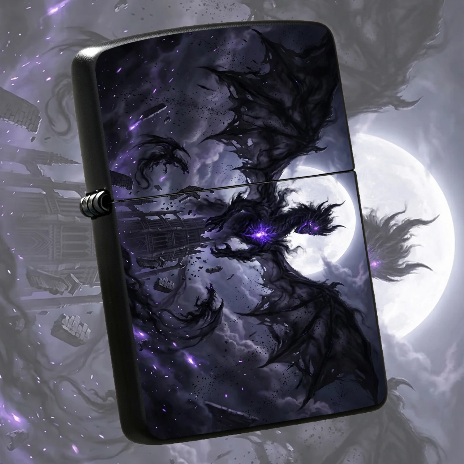 Fantasy Shadow Dragon Themed Windproof Dark Void Black Dragon With Glowing Purple Core Full Moon Ruin Fantasy Dragon Pattern Collectible Unique Pocket Exquisite Artistic Gift For Men Home Decorative  Accessory A Fun And Humorous Lighter