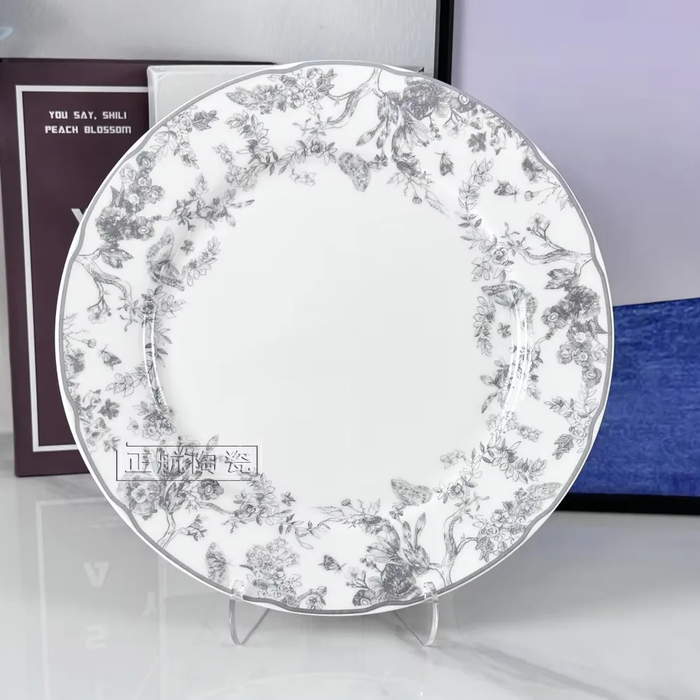 European Ceramic Gray Tiger Series Tableware Home,Dessert Plate 20cm~25cm, Round Dishes, Bone China Dinnerware Sets