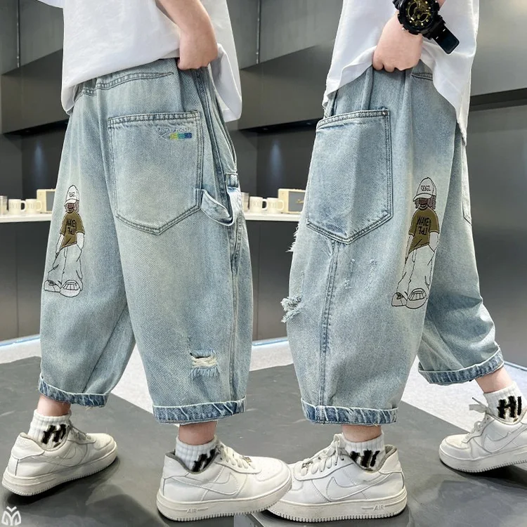 2026 Summer New Boys Ripped Denim Capri Pants Handsome Loose 7/8 Length Shorts Fashion Jeans for Teen Kids