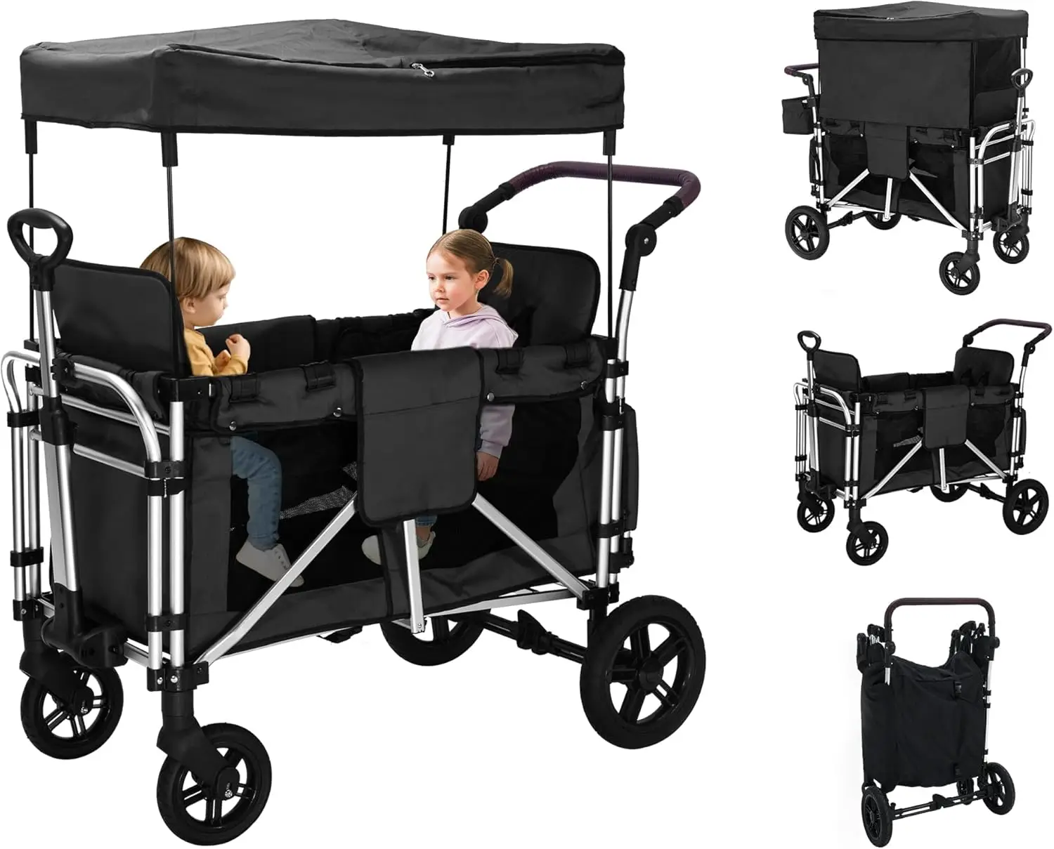 Wagon for 2 Kids, Wagon Cart Featuring 2 High Seat with 5-Point Harnesses and Adjustable Canopy, Foldable Push-Pull Rod